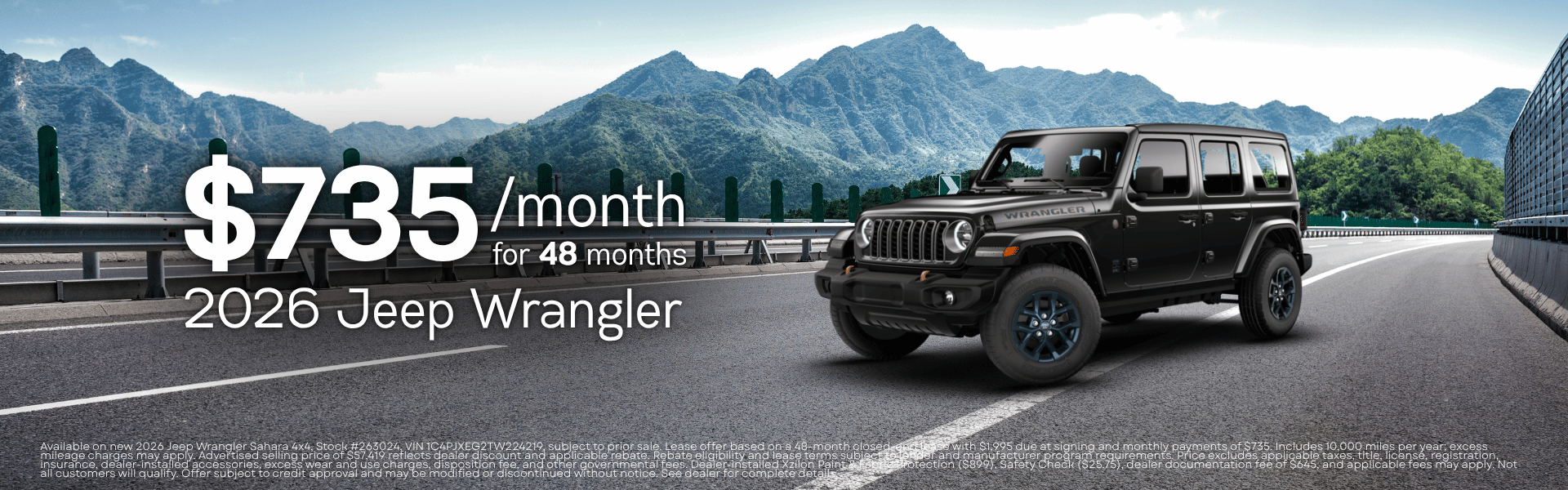Lease a new 2026 Jeep Wrangler Sahara 4x4 for $735 per month