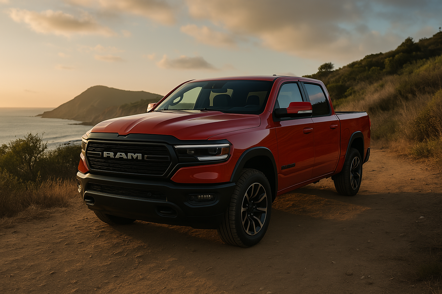 Red 2025 RAM 1500 parked on a scenic coastal trail near Windward Dodge RAM in Kaneohe, HI, showcasing its rugged capability and bold design.