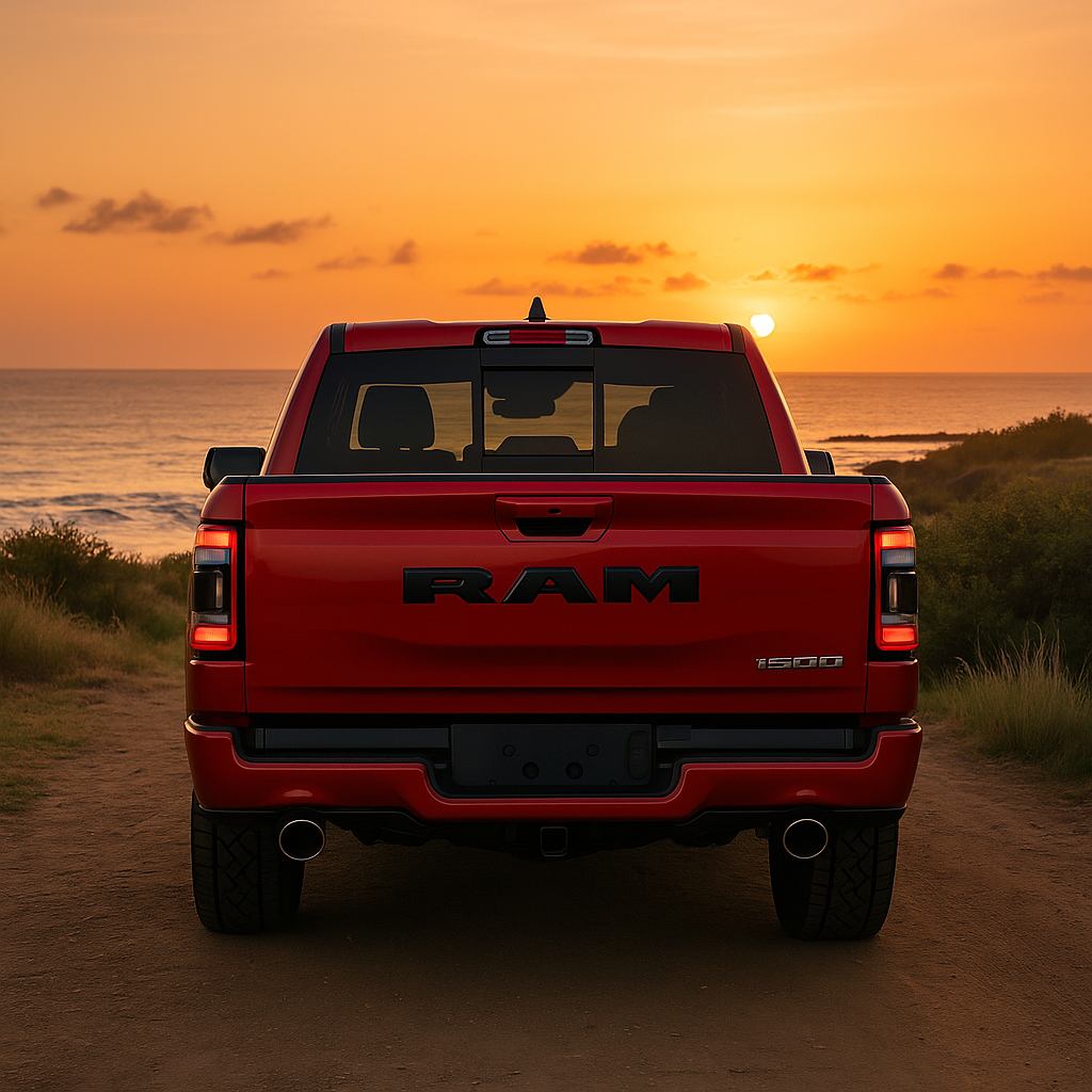 Rear view of red 2025 RAM 1500 at sunset near Windward Dodge RAM Kaneohe.