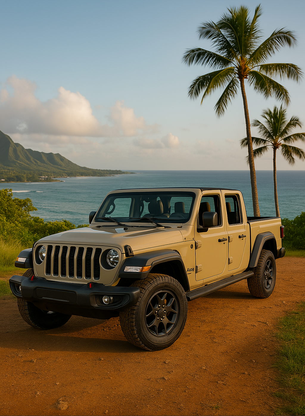 2025 Jeep Gladiator parked above Windward Jeep Kaneohe with ocean and mountains in view.