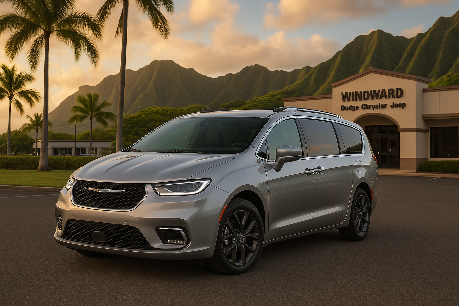 2025 Chrysler Pacifica at Windward Dodge Kaneohe HI in a tropical sunset setting.
