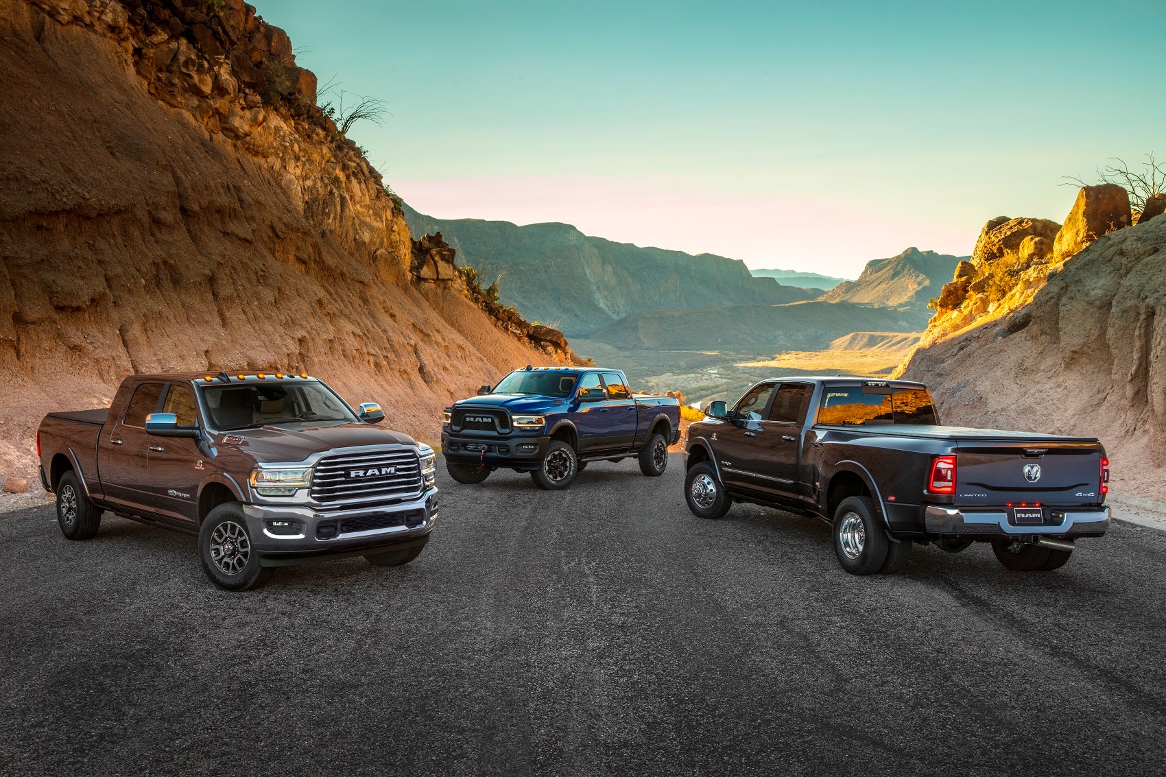 Ram Truck Lineup on a Desert Road
