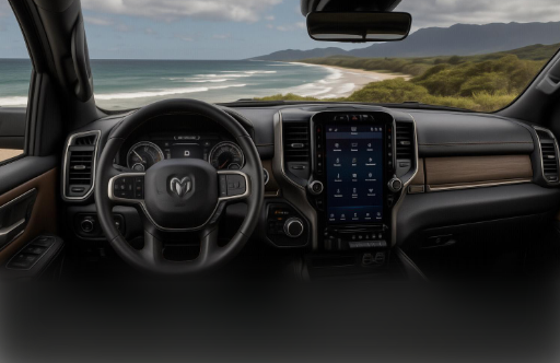 Interior view of a 2025 RAM 1500 at Windward Dodge RAM in Kaneohe, HI, highlighting the premium dashboard, touchscreen display, and coastal scenery.